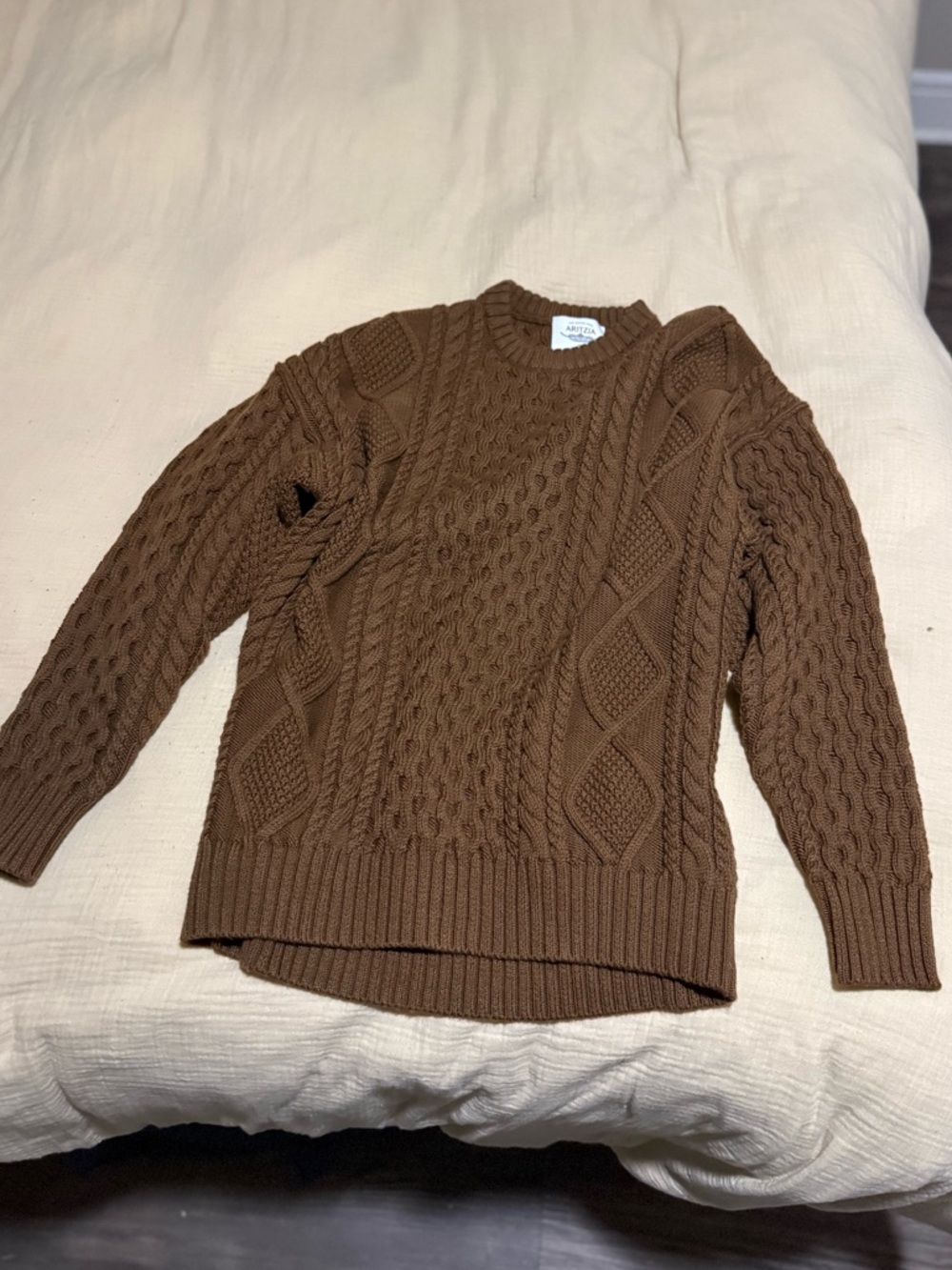 Aritzia Brown Heritage Cable-Knit Merino Wool Crewneck Sweater